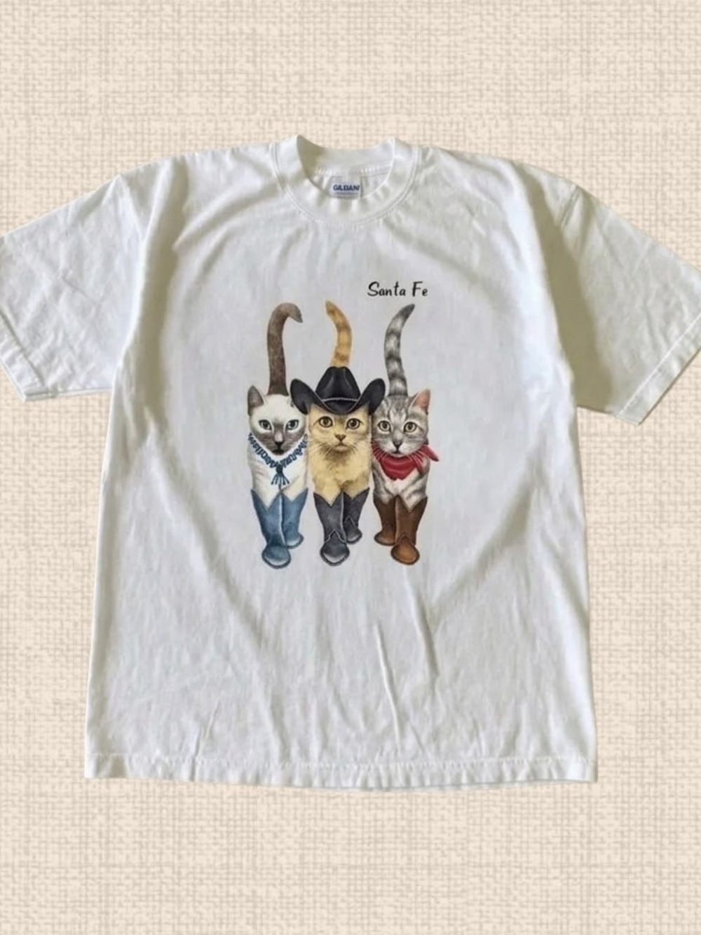 Gildan White Tee with Three Western Cats "Santa Fe" Graphic